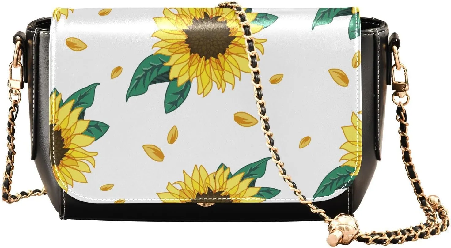 Vintage Yellow Sunflower Crossbody Bags for Women, Trendy Small Shoulder Bag, PU Leather Clutch Purse Underarm Handbag Satchel HandBag with Adjustable Metal Chain
