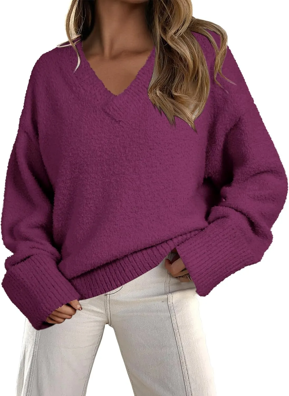 Vrtige Women's Oversized Sweater Fuzzy Chunky Knit V Neck Long Sleeve Warm Pullover Sweater