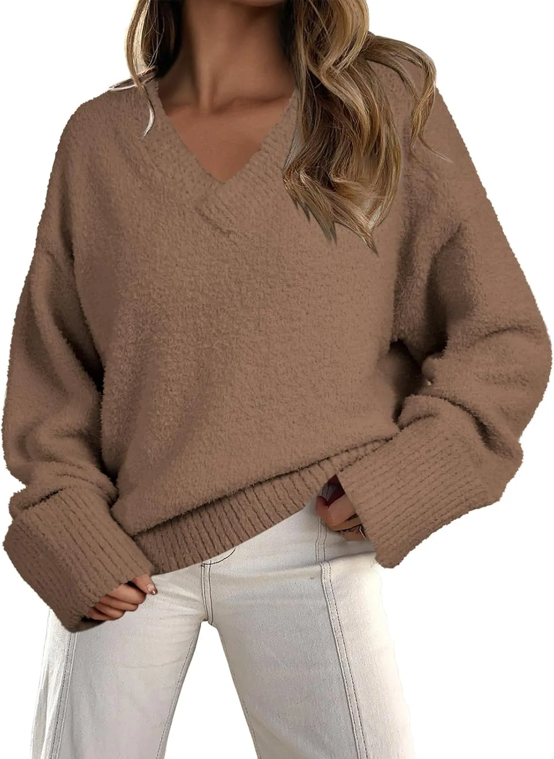 Vrtige Women's Oversized Sweater Fuzzy Chunky Knit V Neck Long Sleeve Warm Pullover Sweater