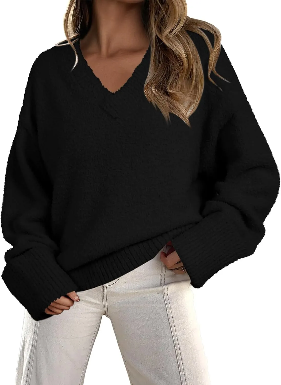 Vrtige Women's Oversized Sweater Fuzzy Chunky Knit V Neck Long Sleeve Warm Pullover Sweater
