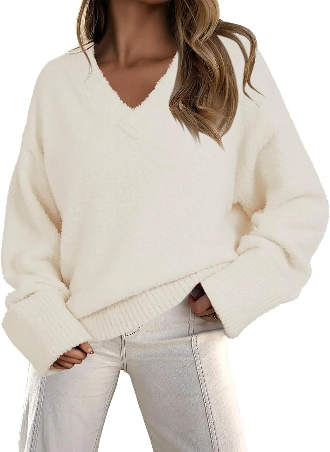 Vrtige Women's Oversized Sweater Fuzzy Chunky Knit V Neck Long Sleeve Warm Pullover Sweater