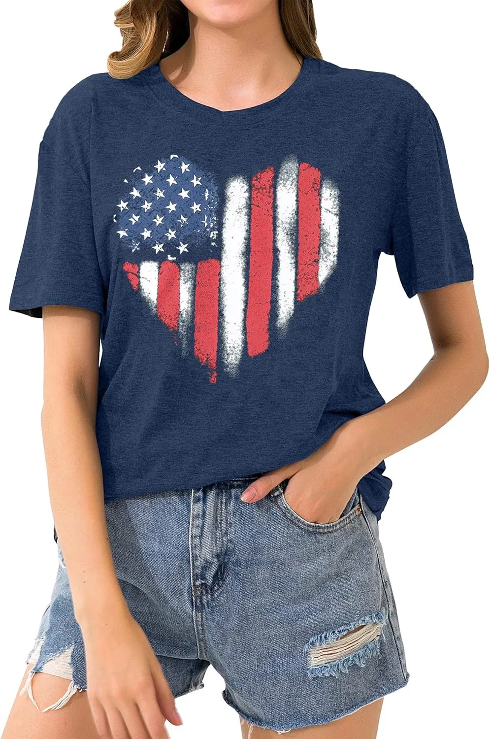 VVNTY American Flag Heart Shirt Women Patriotic T-Shirt 4th of July Graphic Tees Shirts USA Flag Star Stripe Tops