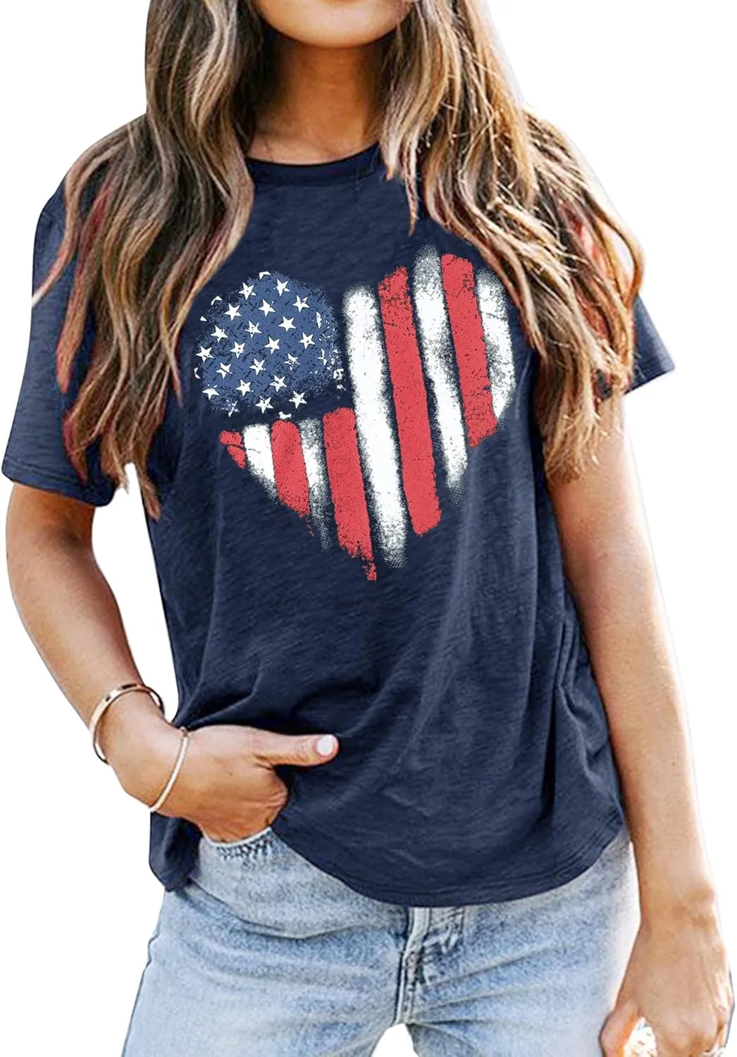 VVNTY American Flag Heart Shirt Women Patriotic T-Shirt 4th of July Graphic Tees Shirts USA Flag Star Stripe Tops