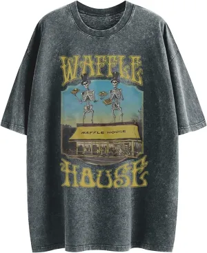 Waffle House Shirt Vintage Acid Wash Tshirt for Men Oversized Hip Hop Shirts Funny Skeleton Graphic Tees Tops Unisex