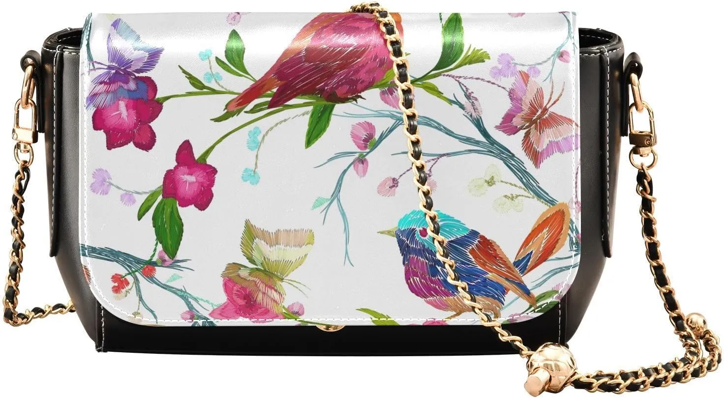 Watercolor Bird and Butterful Crossbody Bags for Women, Trendy Small Shoulder Bag, PU Leather Clutch Purse Underarm Handbag Satchel HandBag with Adjustable Metal Chain