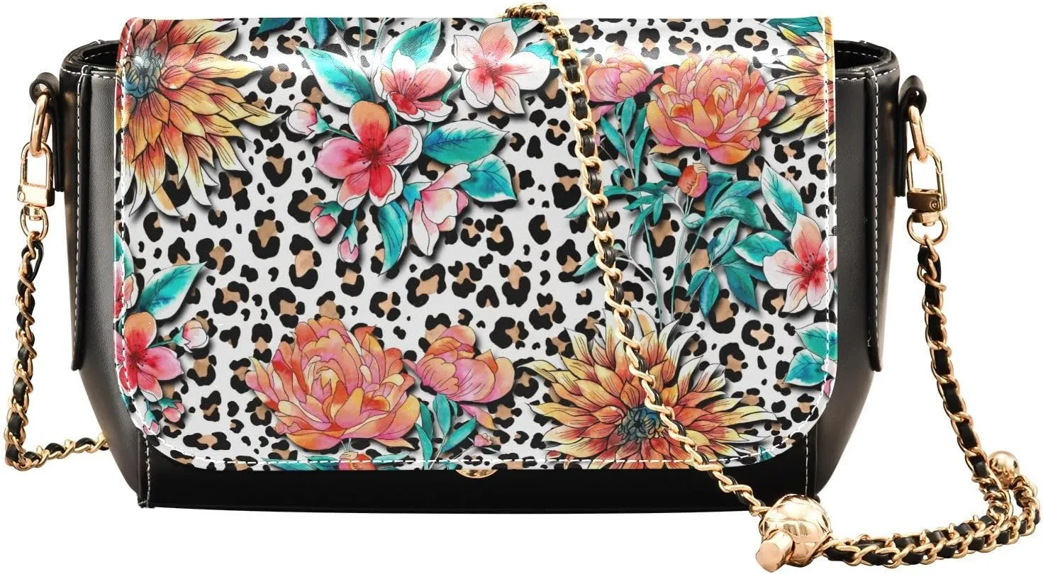 Watercolor Tropical Flowers Crossbody Bags for Women, Trendy Small Shoulder Bag, PU Leather Clutch Purse Underarm Handbag Satchel HandBag with Adjustable Metal Chain