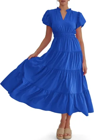 Wenrine Womens Summer Midi Dress Puff Short Sleeve V Neck Flowy Tiered Beach A-Line Dresses
