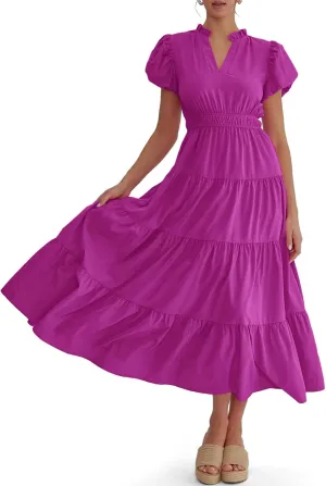 Wenrine Womens Summer Midi Dress Puff Short Sleeve V Neck Flowy Tiered Beach A-Line Dresses