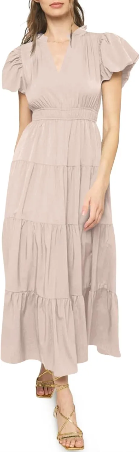 Wenrine Womens Summer Midi Dress Puff Short Sleeve V Neck Flowy Tiered Beach A-Line Dresses