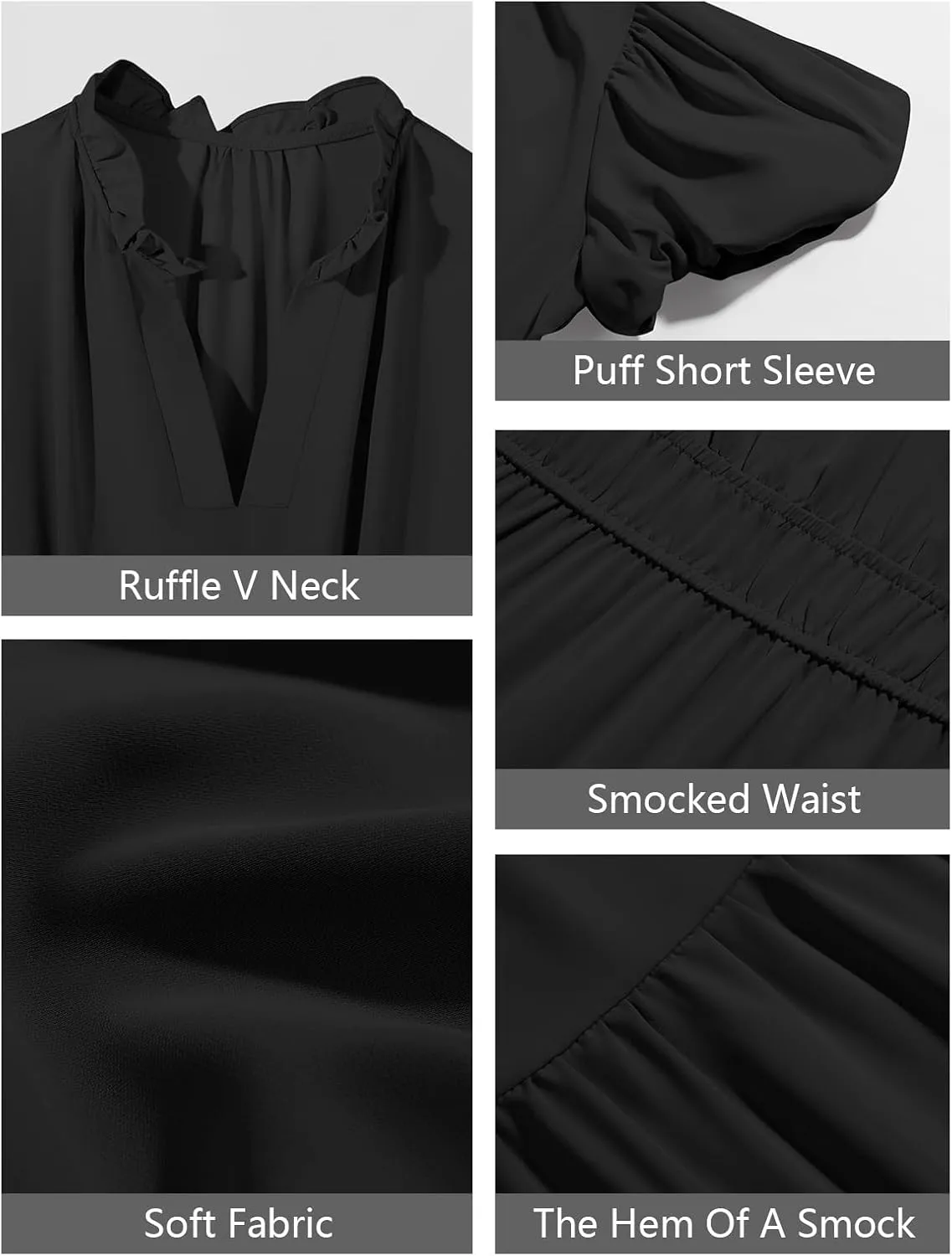 Wenrine Womens Summer Midi Dress Puff Short Sleeve V Neck Flowy Tiered Beach A-Line Dresses