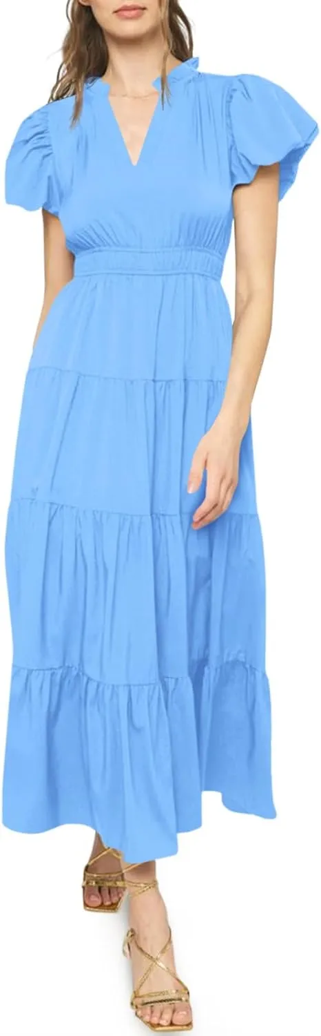 Wenrine Womens Summer Midi Dress Puff Short Sleeve V Neck Flowy Tiered Beach A-Line Dresses