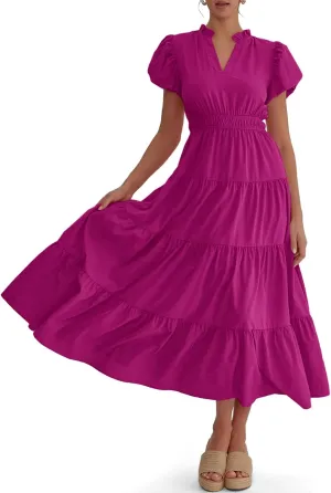 Wenrine Womens Summer Midi Dress Puff Short Sleeve V Neck Flowy Tiered Beach A-Line Dresses