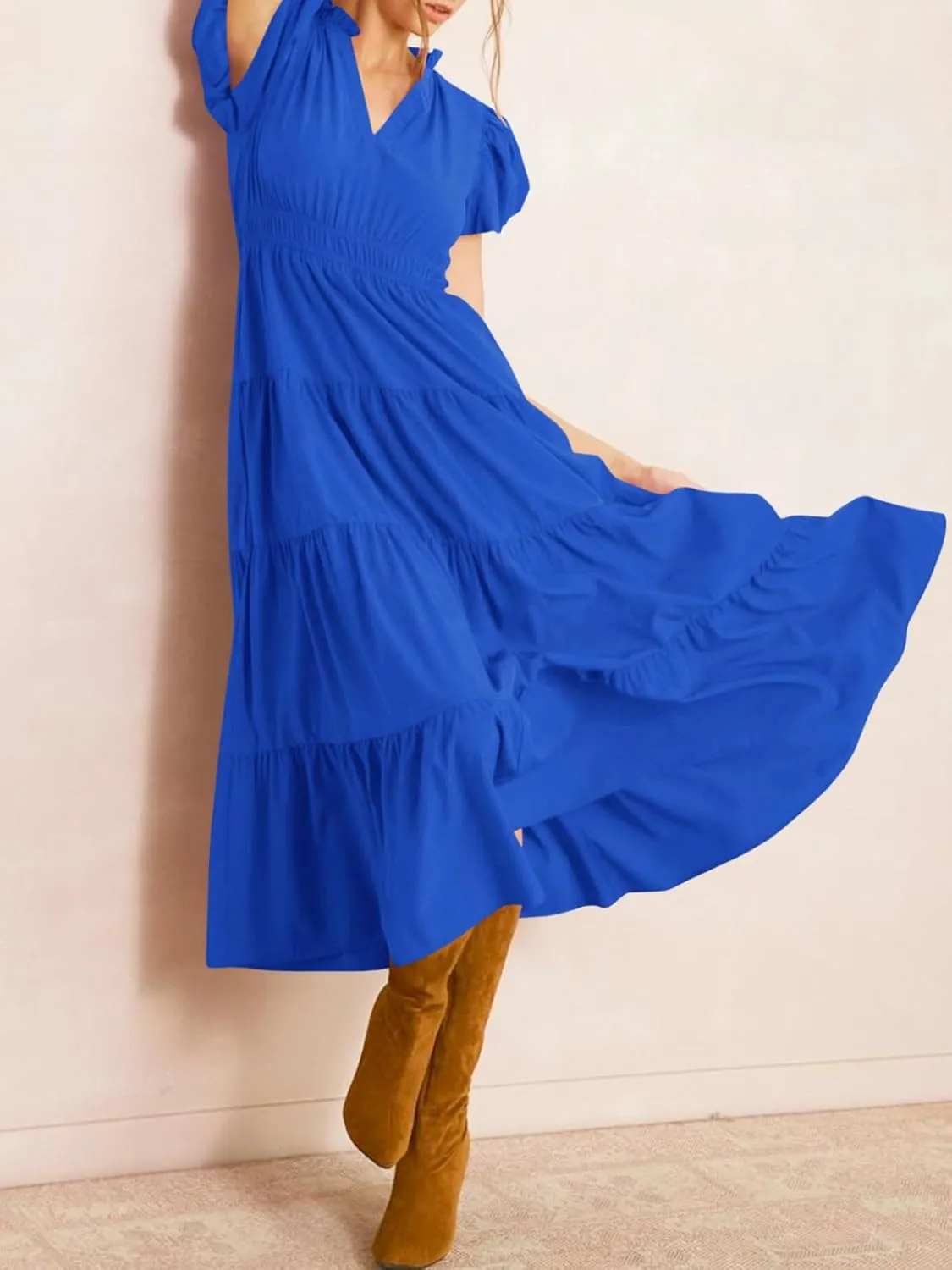 Wenrine Womens Summer Midi Dress Puff Short Sleeve V Neck Flowy Tiered Beach A-Line Dresses