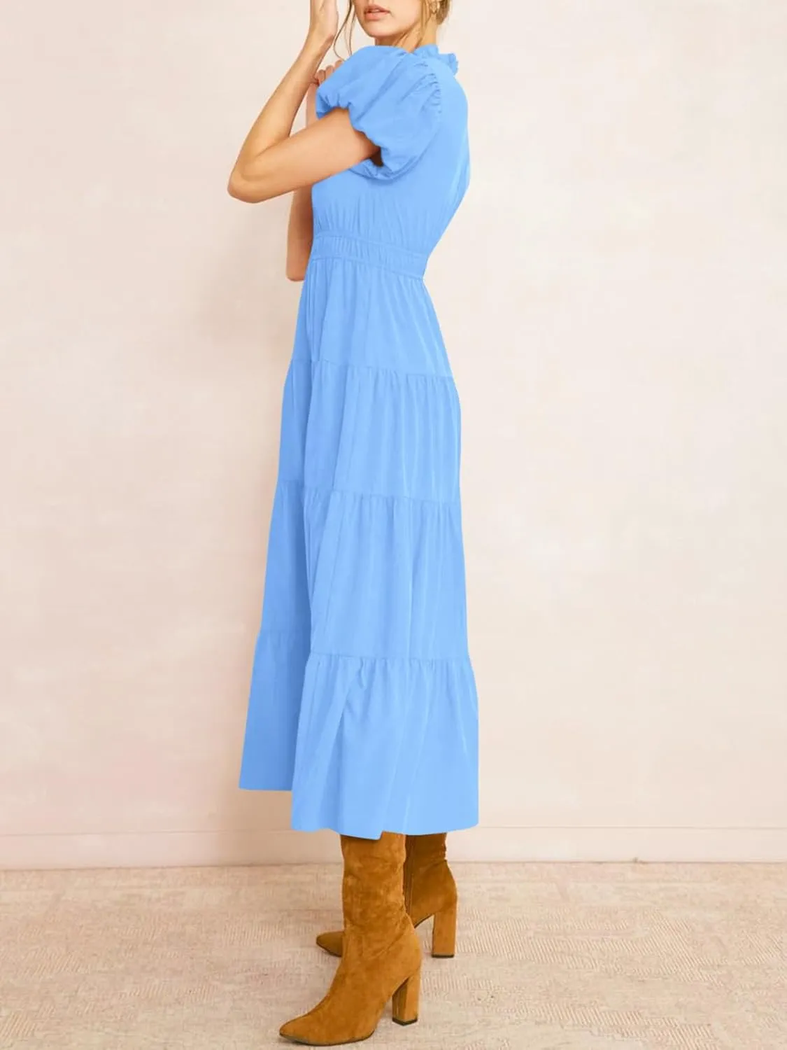 Wenrine Womens Summer Midi Dress Puff Short Sleeve V Neck Flowy Tiered Beach A-Line Dresses