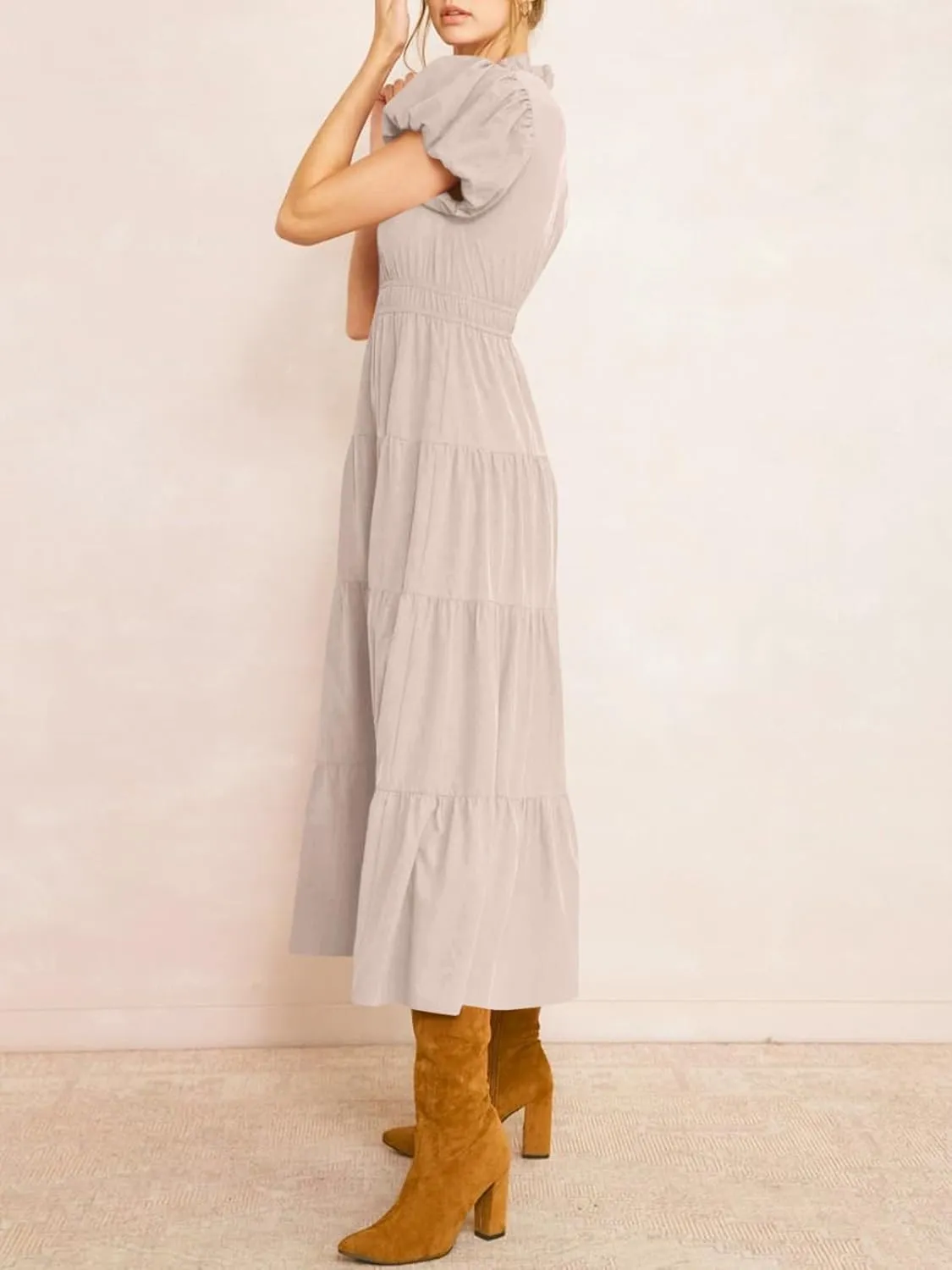 Wenrine Womens Summer Midi Dress Puff Short Sleeve V Neck Flowy Tiered Beach A-Line Dresses