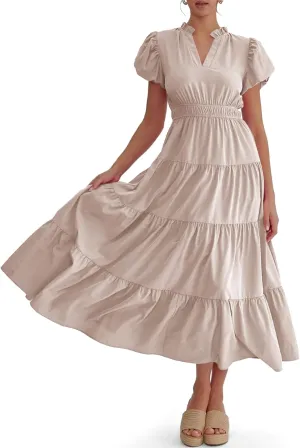 Wenrine Womens Summer Midi Dress Puff Short Sleeve V Neck Flowy Tiered Beach A-Line Dresses