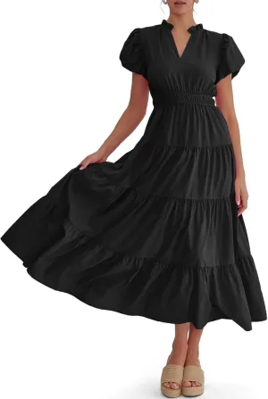 Wenrine Womens Summer Midi Dress Puff Short Sleeve V Neck Flowy Tiered Beach A-Line Dresses