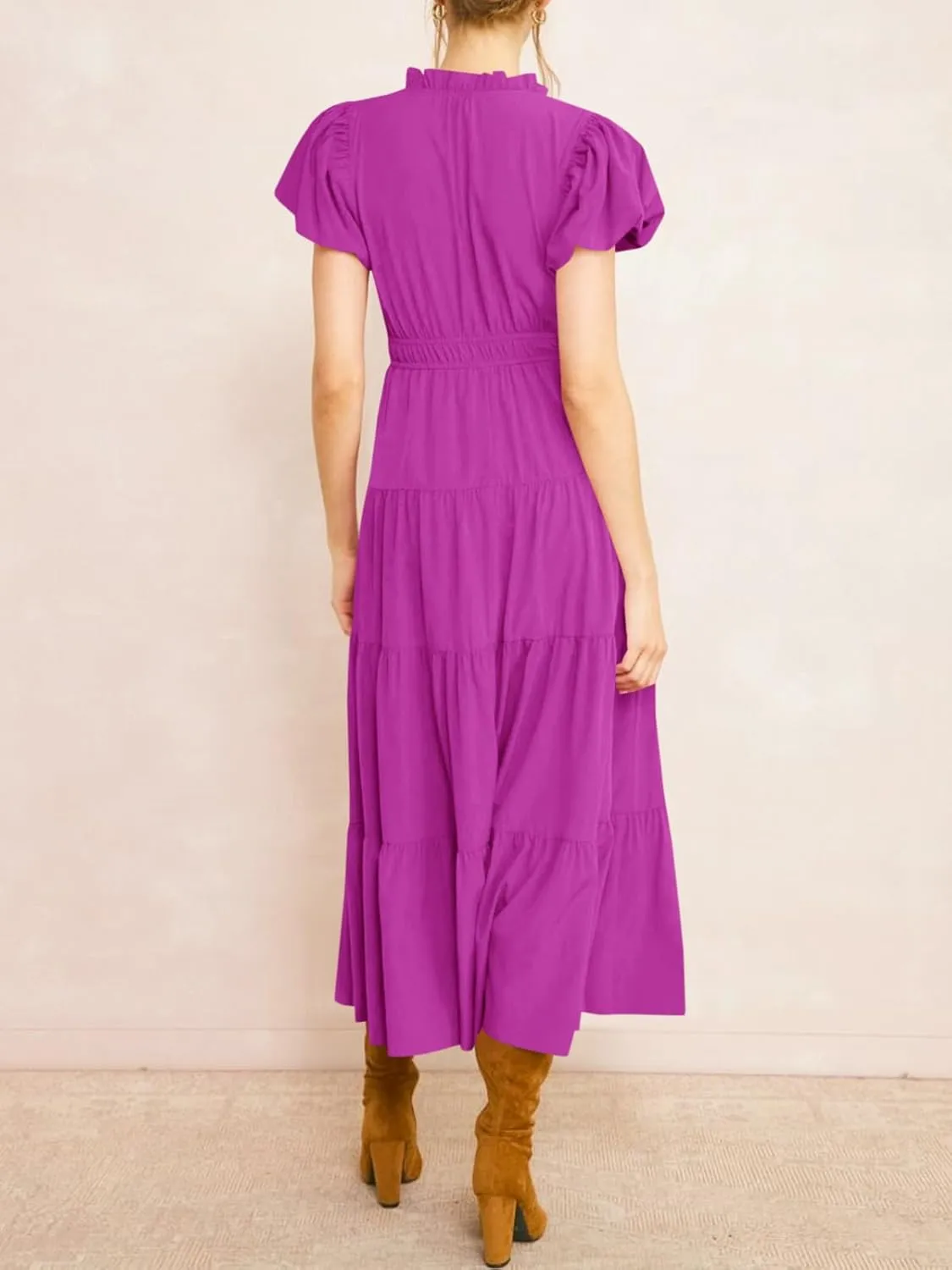 Wenrine Womens Summer Midi Dress Puff Short Sleeve V Neck Flowy Tiered Beach A-Line Dresses