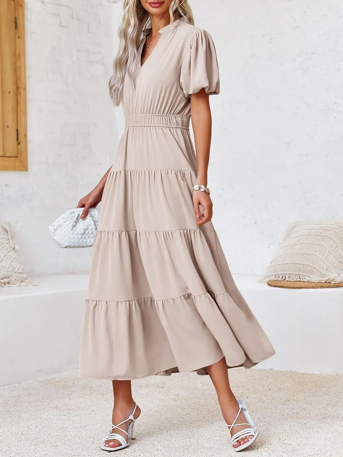 Wenrine Womens Summer Midi Dress Puff Short Sleeve V Neck Flowy Tiered Beach A-Line Dresses