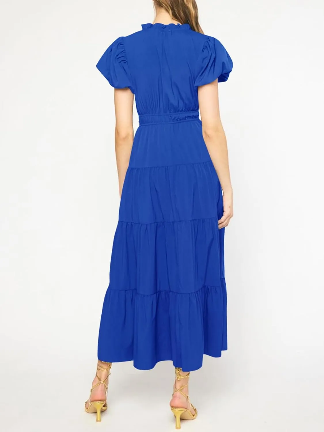Wenrine Womens Summer Midi Dress Puff Short Sleeve V Neck Flowy Tiered Beach A-Line Dresses