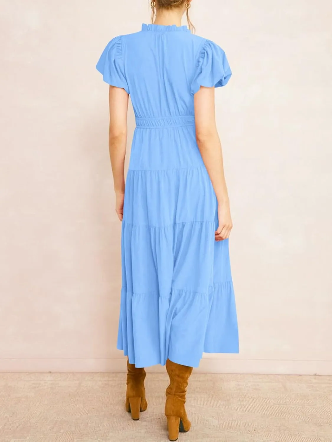 Wenrine Womens Summer Midi Dress Puff Short Sleeve V Neck Flowy Tiered Beach A-Line Dresses