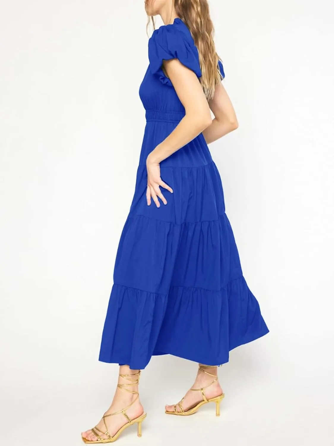 Wenrine Womens Summer Midi Dress Puff Short Sleeve V Neck Flowy Tiered Beach A-Line Dresses