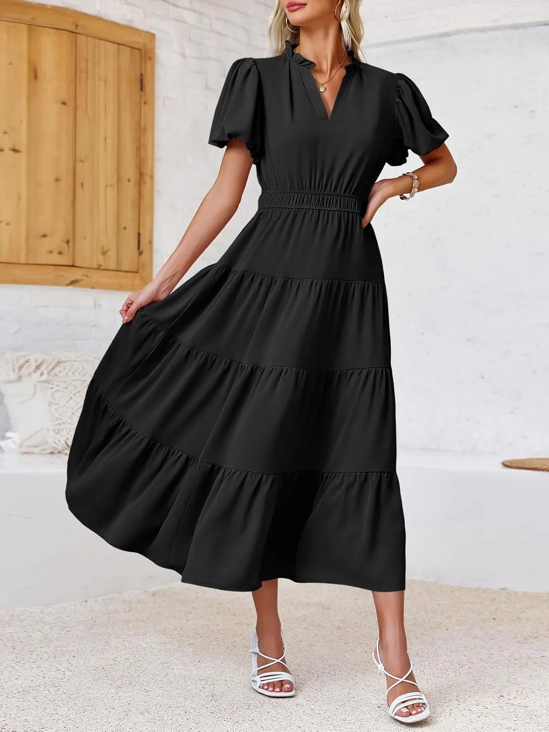 Wenrine Womens Summer Midi Dress Puff Short Sleeve V Neck Flowy Tiered Beach A-Line Dresses