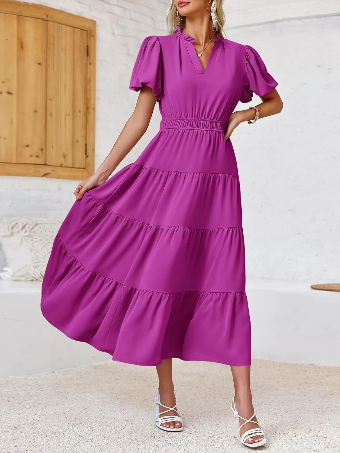 Wenrine Womens Summer Midi Dress Puff Short Sleeve V Neck Flowy Tiered Beach A-Line Dresses