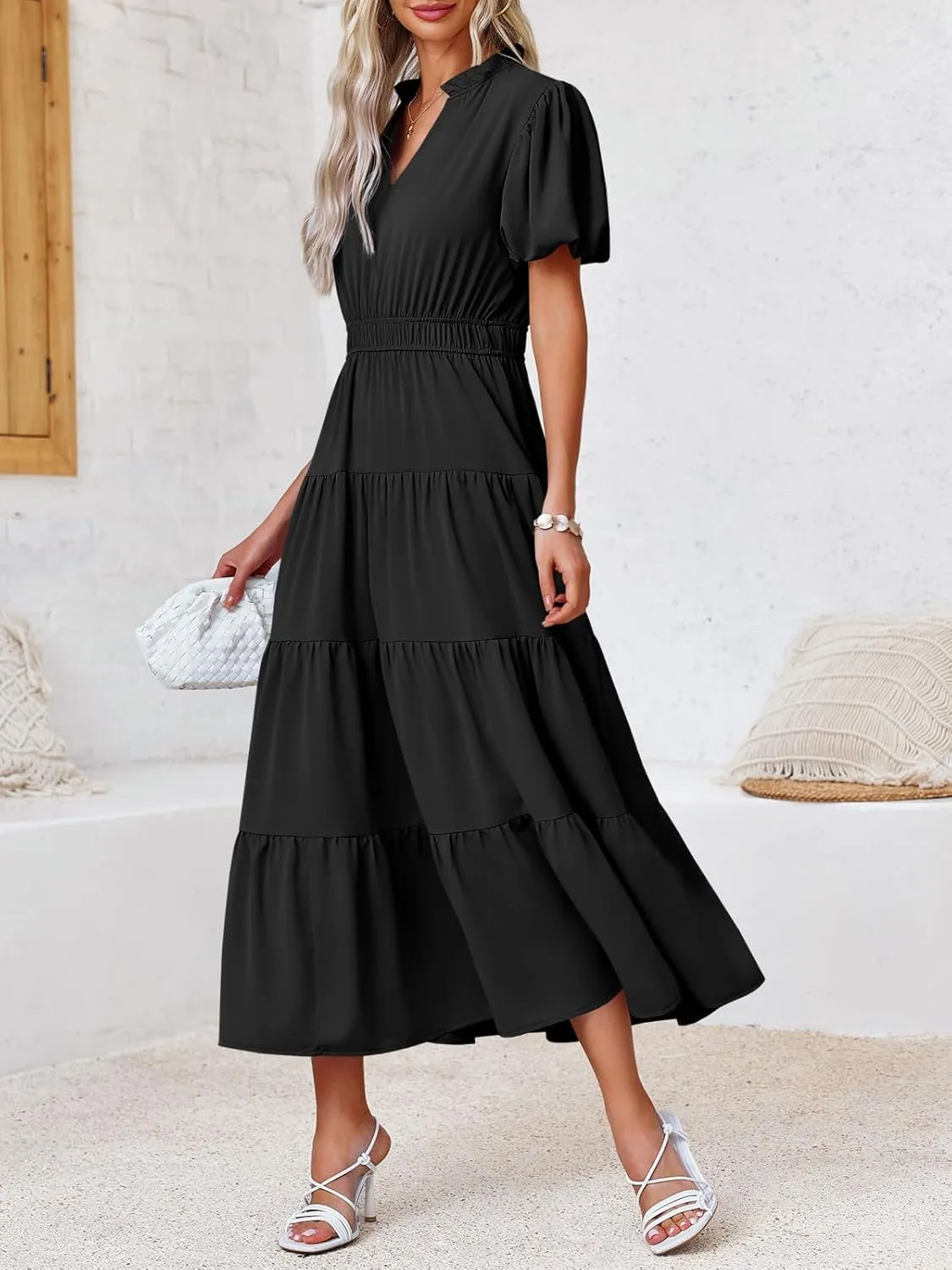 Wenrine Womens Summer Midi Dress Puff Short Sleeve V Neck Flowy Tiered Beach A-Line Dresses