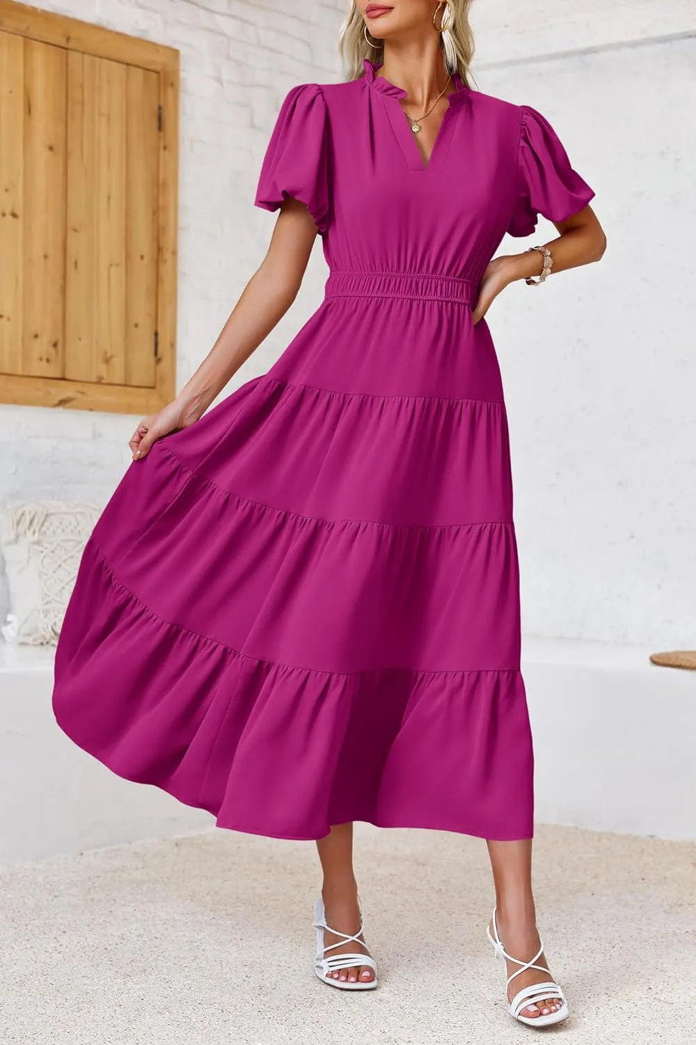 Wenrine Womens Summer Midi Dress Puff Short Sleeve V Neck Flowy Tiered Beach A-Line Dresses