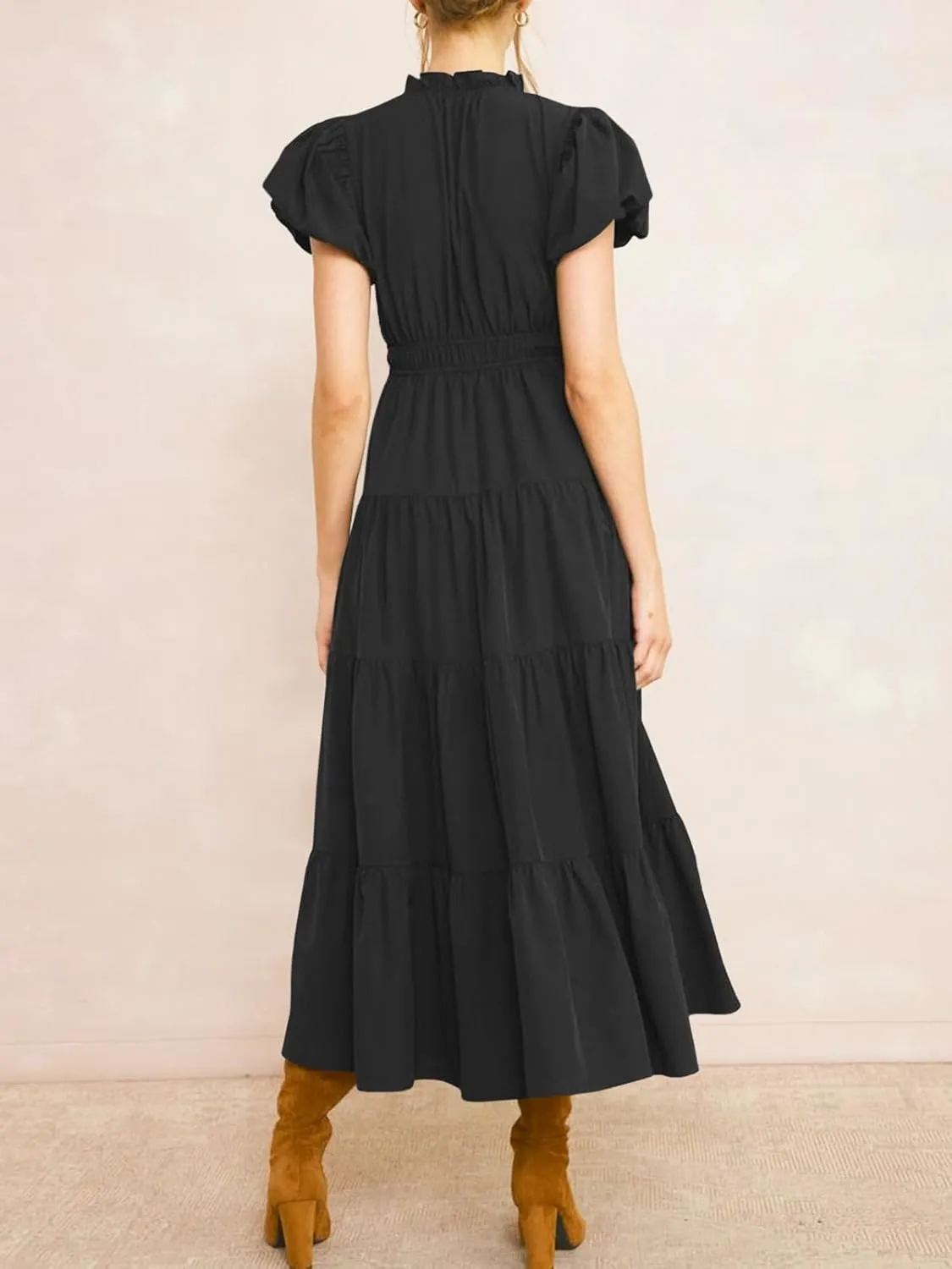 Wenrine Womens Summer Midi Dress Puff Short Sleeve V Neck Flowy Tiered Beach A-Line Dresses