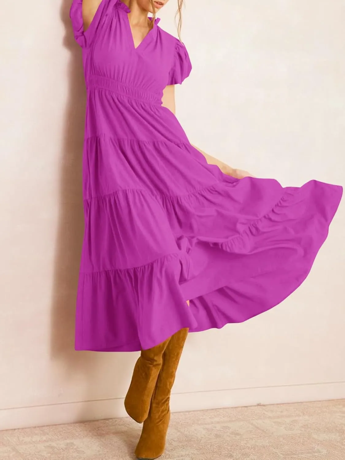 Wenrine Womens Summer Midi Dress Puff Short Sleeve V Neck Flowy Tiered Beach A-Line Dresses