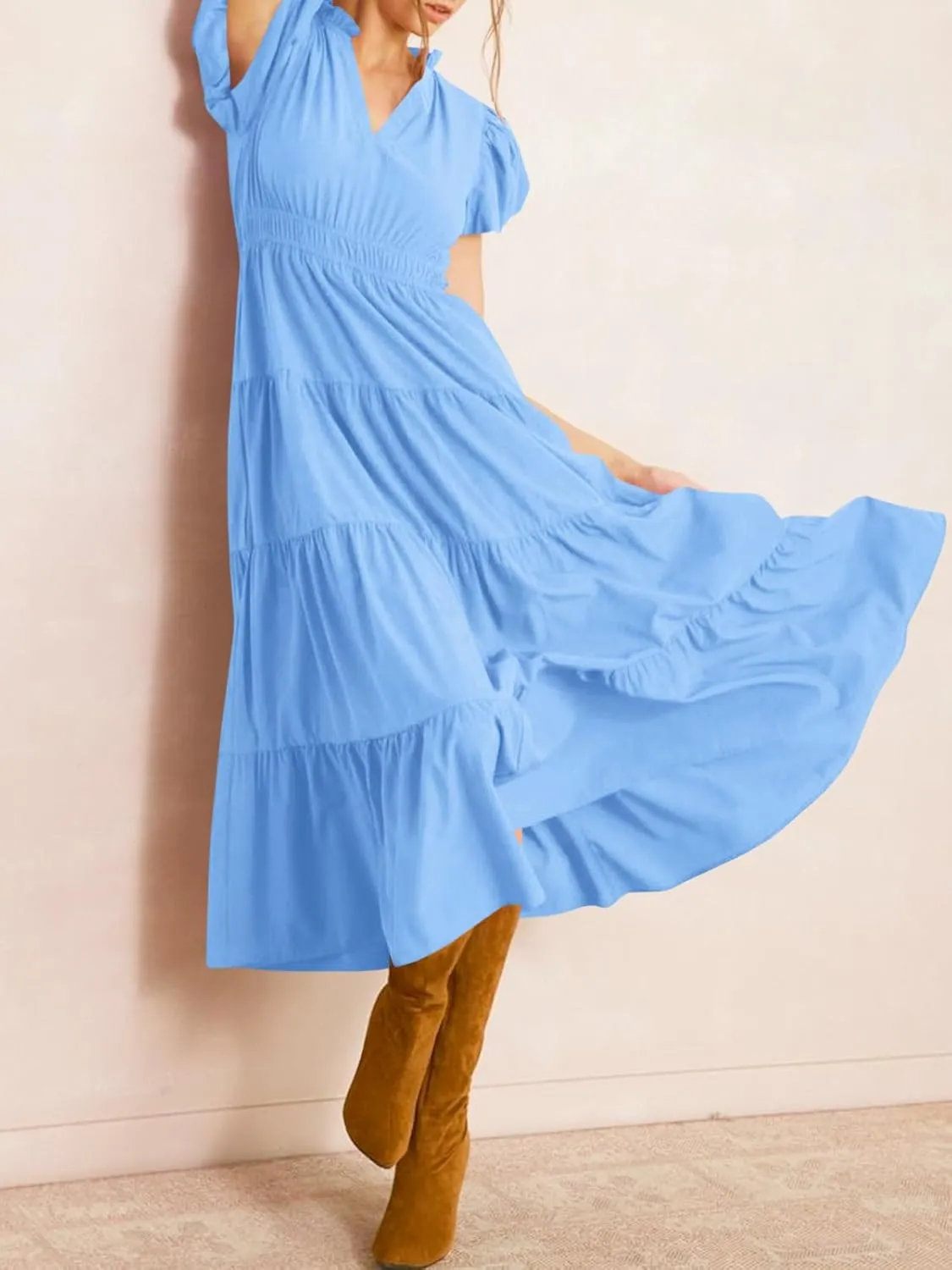 Wenrine Womens Summer Midi Dress Puff Short Sleeve V Neck Flowy Tiered Beach A-Line Dresses