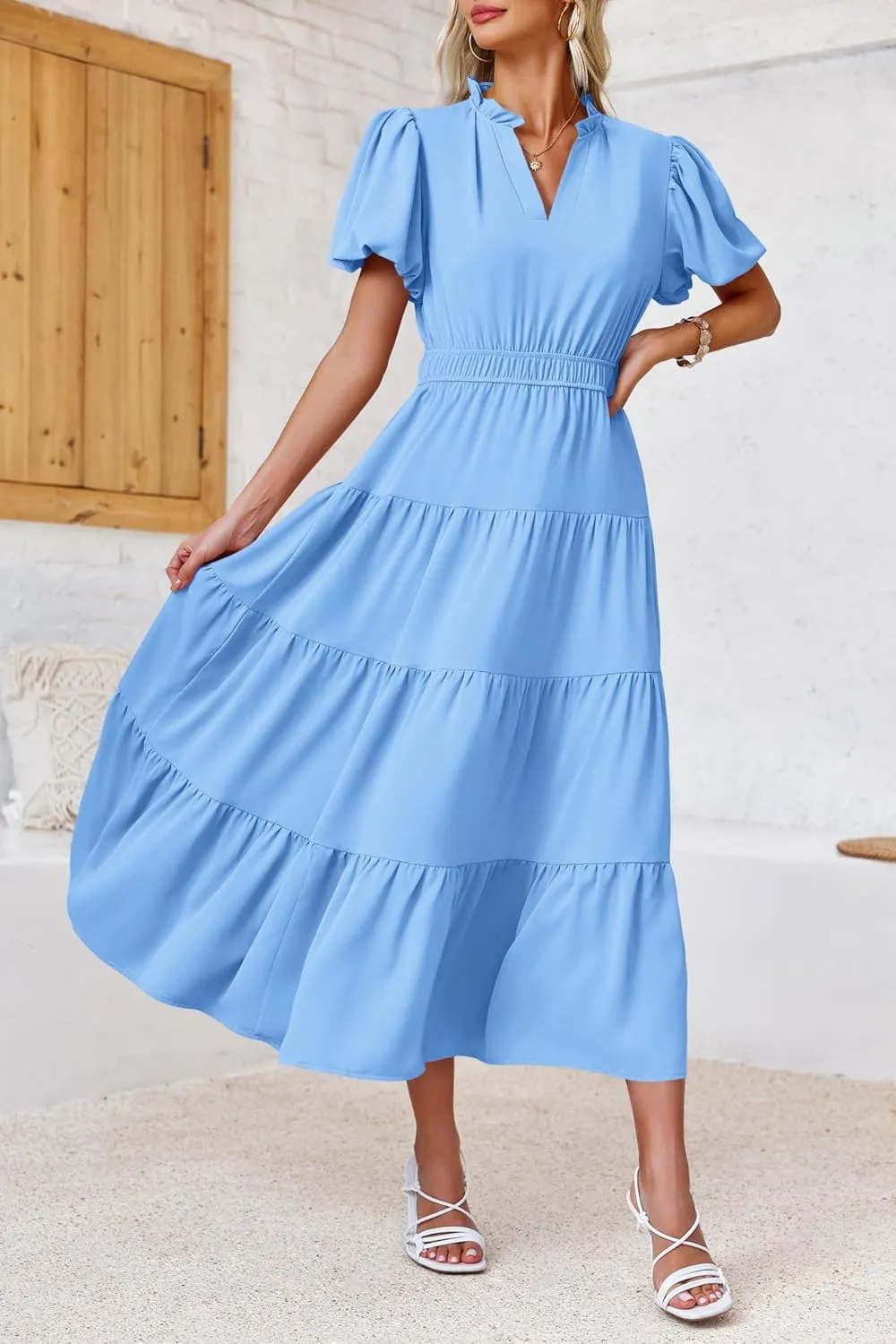 Wenrine Womens Summer Midi Dress Puff Short Sleeve V Neck Flowy Tiered Beach A-Line Dresses