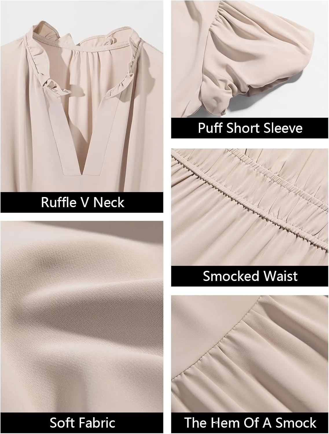Wenrine Womens Summer Midi Dress Puff Short Sleeve V Neck Flowy Tiered Beach A-Line Dresses