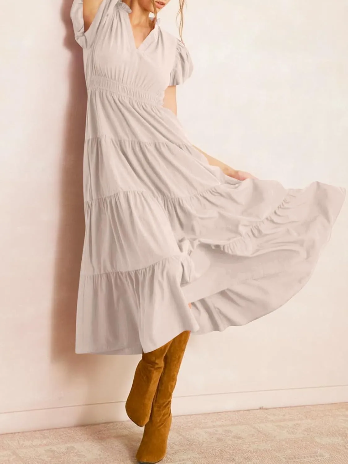 Wenrine Womens Summer Midi Dress Puff Short Sleeve V Neck Flowy Tiered Beach A-Line Dresses