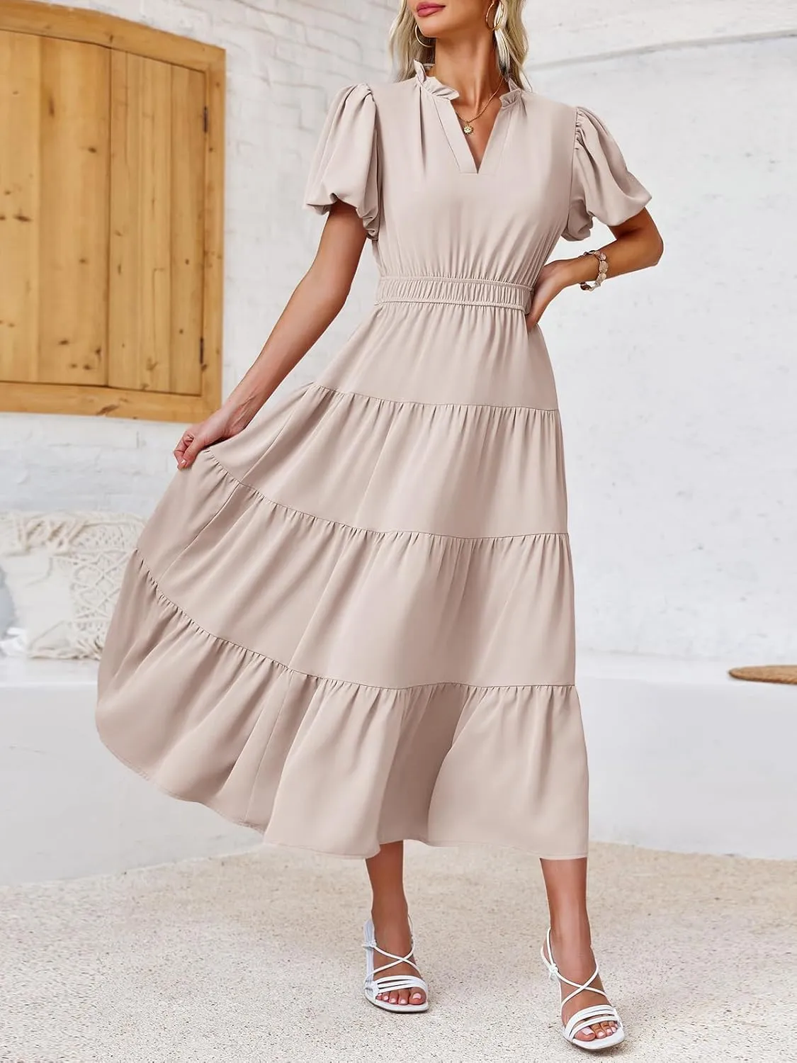Wenrine Womens Summer Midi Dress Puff Short Sleeve V Neck Flowy Tiered Beach A-Line Dresses