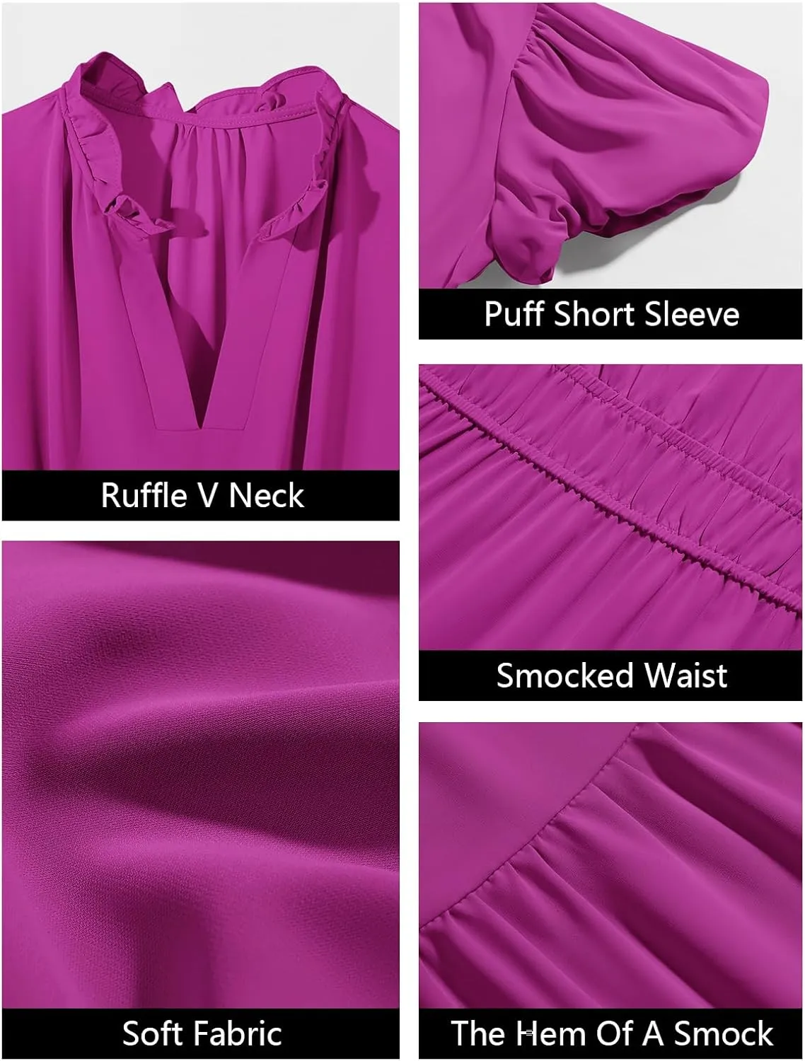 Wenrine Womens Summer Midi Dress Puff Short Sleeve V Neck Flowy Tiered Beach A-Line Dresses