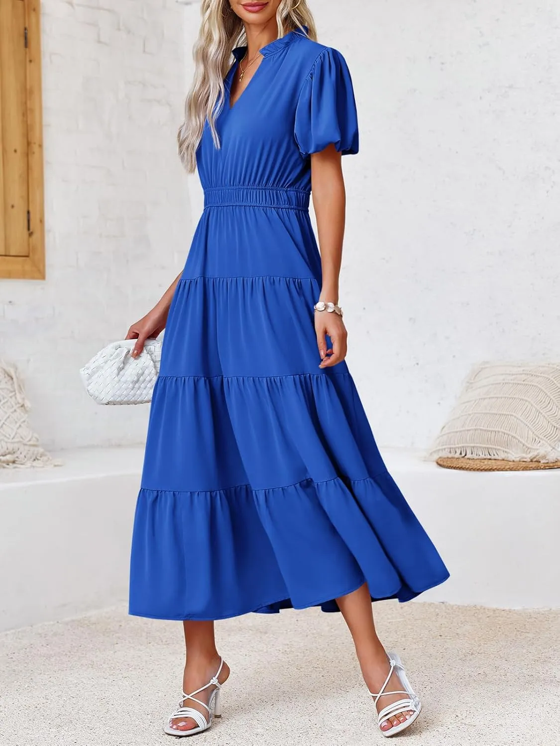 Wenrine Womens Summer Midi Dress Puff Short Sleeve V Neck Flowy Tiered Beach A-Line Dresses