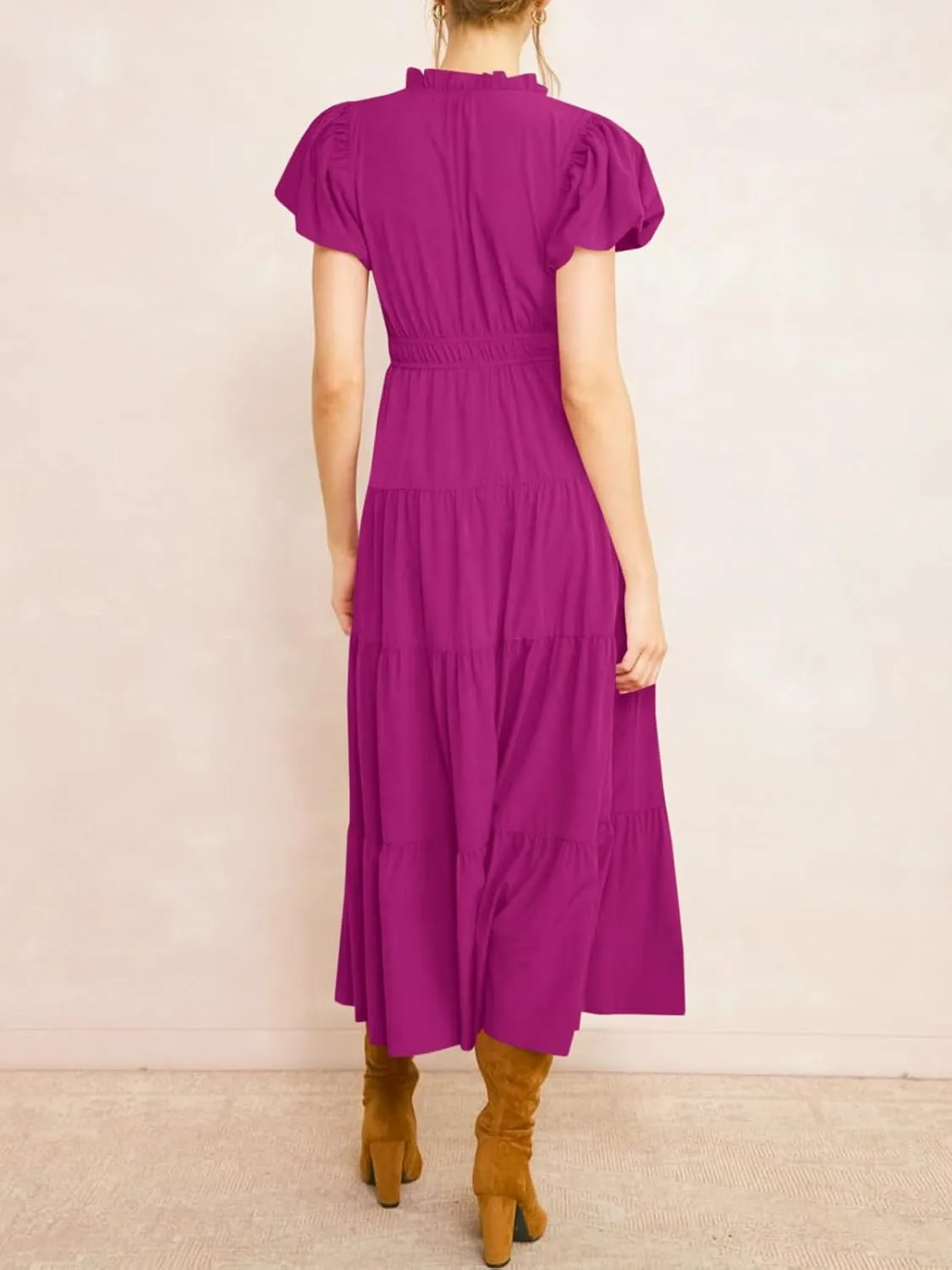 Wenrine Womens Summer Midi Dress Puff Short Sleeve V Neck Flowy Tiered Beach A-Line Dresses
