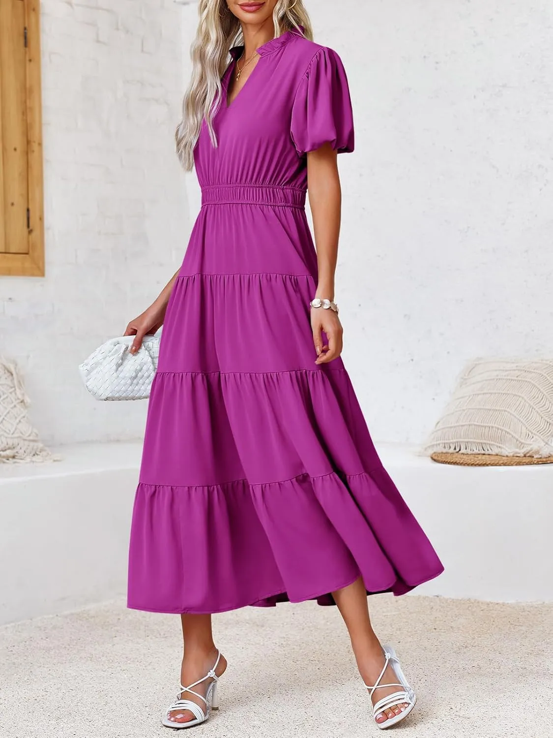 Wenrine Womens Summer Midi Dress Puff Short Sleeve V Neck Flowy Tiered Beach A-Line Dresses