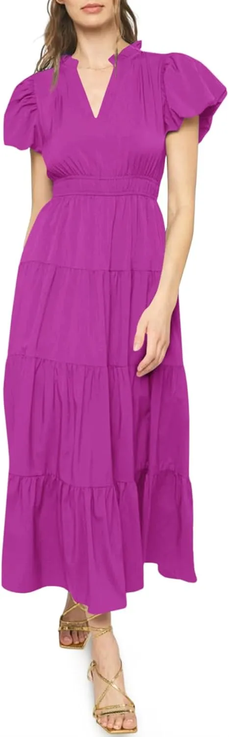 Wenrine Womens Summer Midi Dress Puff Short Sleeve V Neck Flowy Tiered Beach A-Line Dresses