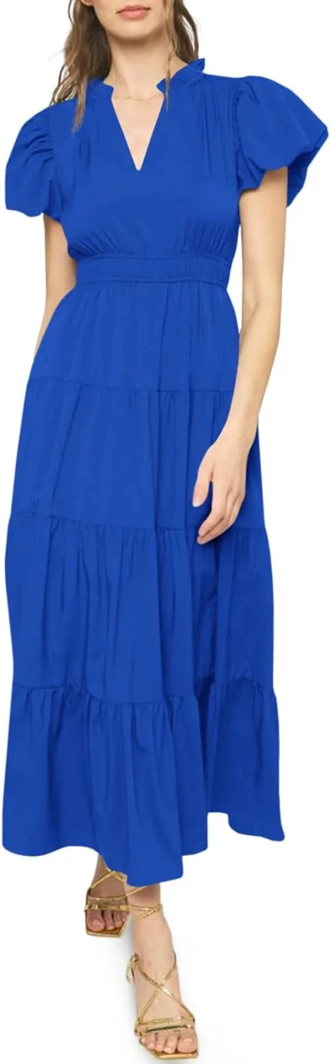 Wenrine Womens Summer Midi Dress Puff Short Sleeve V Neck Flowy Tiered Beach A-Line Dresses