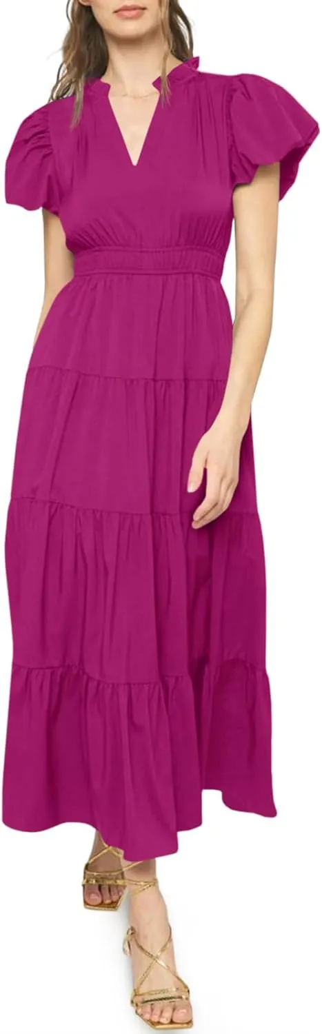 Wenrine Womens Summer Midi Dress Puff Short Sleeve V Neck Flowy Tiered Beach A-Line Dresses