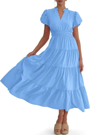 Wenrine Womens Summer Midi Dress Puff Short Sleeve V Neck Flowy Tiered Beach A-Line Dresses