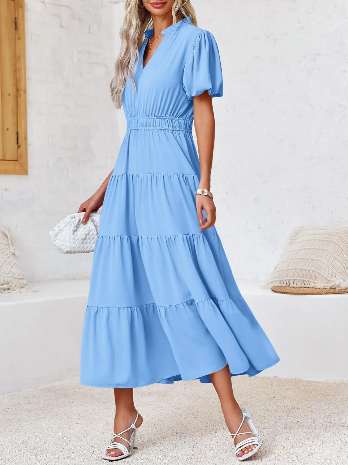 Wenrine Womens Summer Midi Dress Puff Short Sleeve V Neck Flowy Tiered Beach A-Line Dresses
