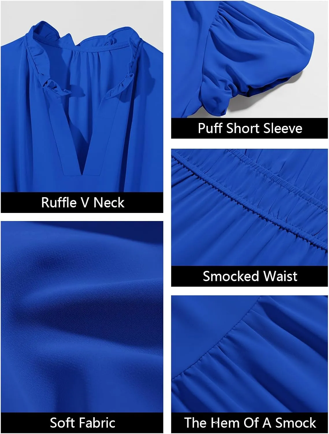 Wenrine Womens Summer Midi Dress Puff Short Sleeve V Neck Flowy Tiered Beach A-Line Dresses