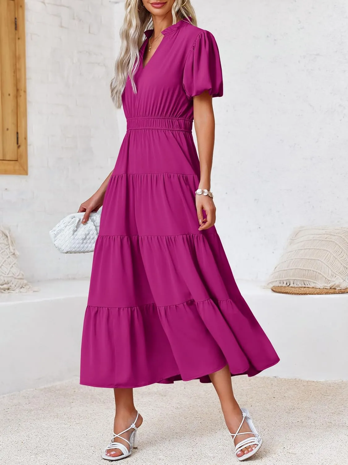 Wenrine Womens Summer Midi Dress Puff Short Sleeve V Neck Flowy Tiered Beach A-Line Dresses