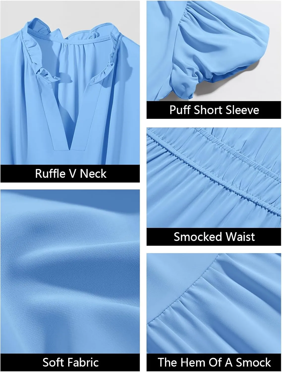 Wenrine Womens Summer Midi Dress Puff Short Sleeve V Neck Flowy Tiered Beach A-Line Dresses