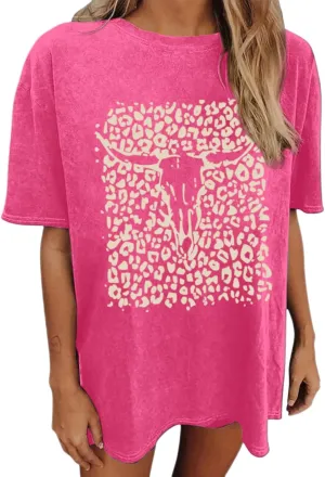 Western Cow Skull Shirts for Women Boho Cowgirl Shirt Vintage Acid Wash Tshirt Oversize Rodeo Graphic Tee Country Top